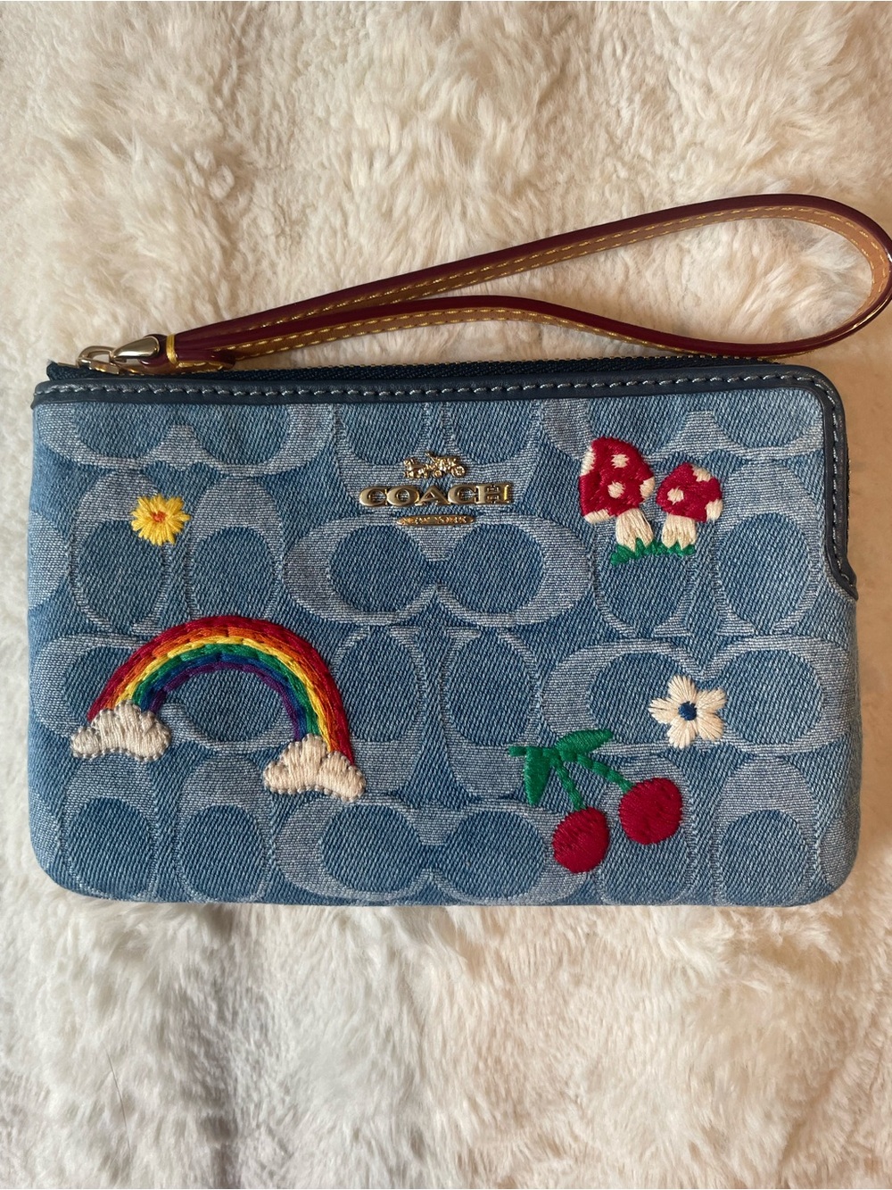 Coach Denim Wristlet with Rainbow, Cherries & Mushroom Embroidery